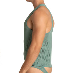 A sage green perforated mesh racerback tank top from Gigo Hibrid Green Tank collection shown from the back side
