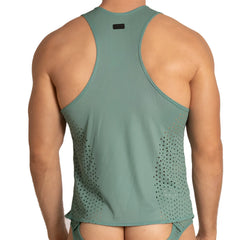 Teal ribbed athletic tank top with perforated side panels designed for workout and activewear by gigo hibrid green tank