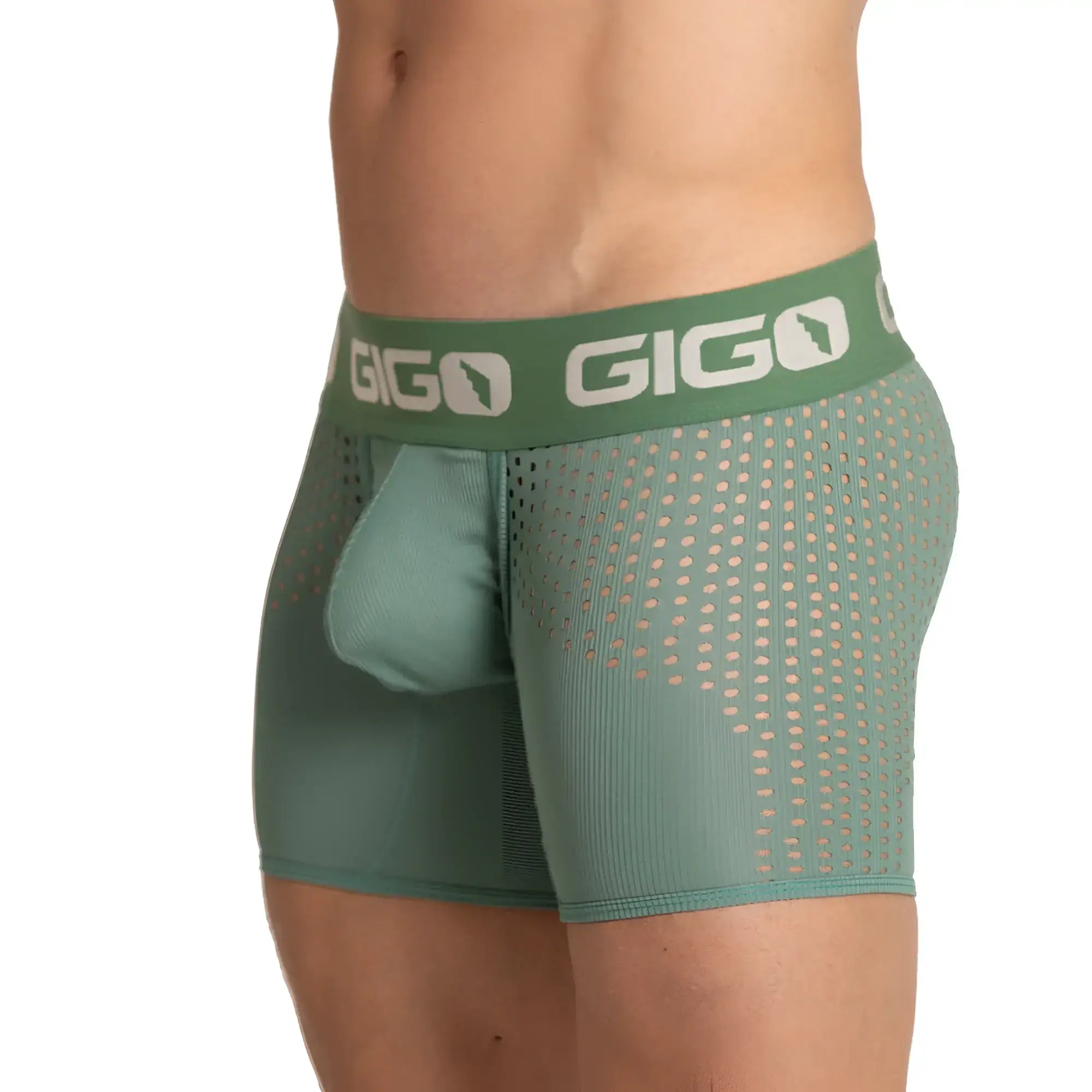 Green gigo brand menâ€™s boxer briefs with mesh pattern and integrated pouch in green hibrid green trunk color