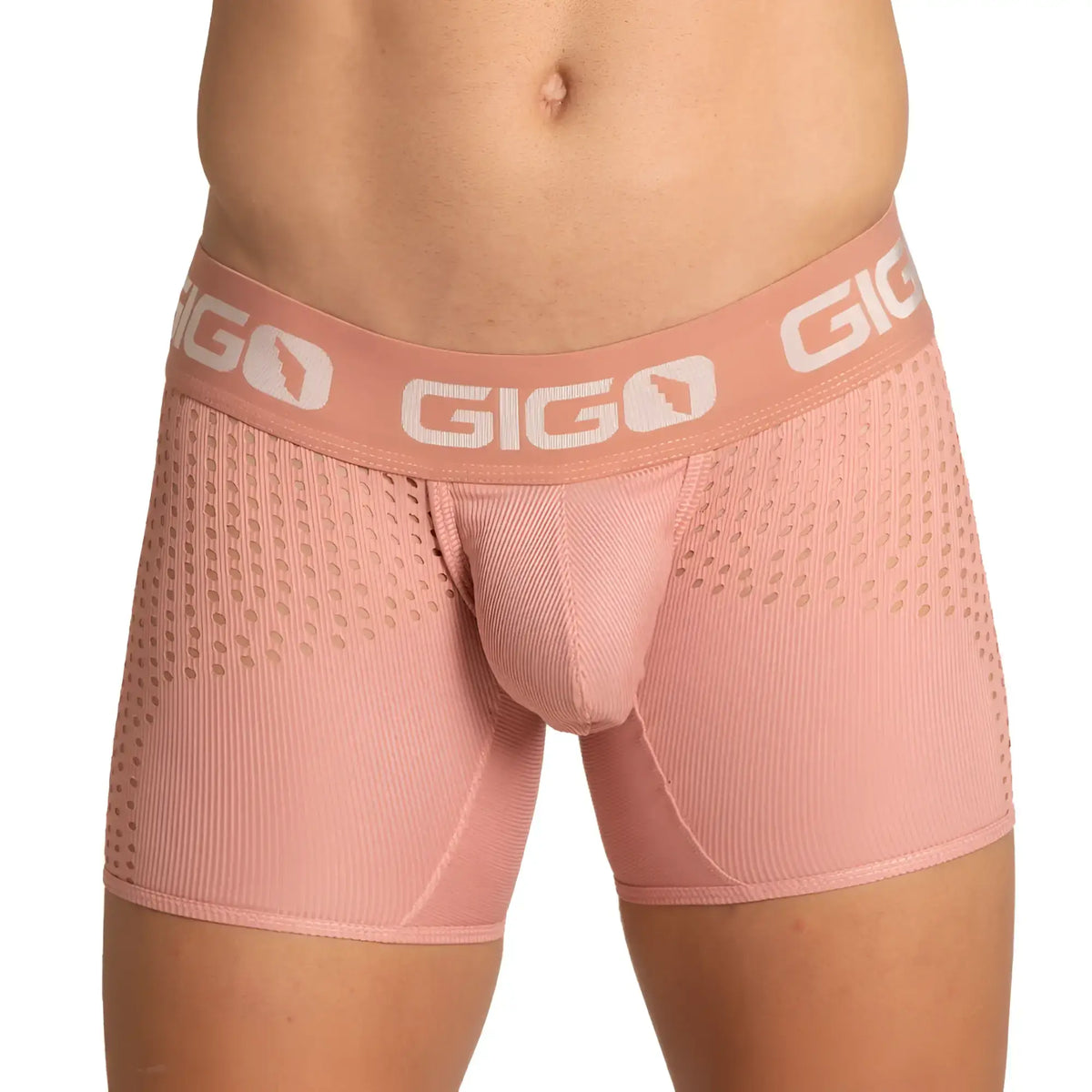 Pink gigo hybrid nude trunk menâ€™s boxer briefs with textured perforated fabric and ribbed detailing