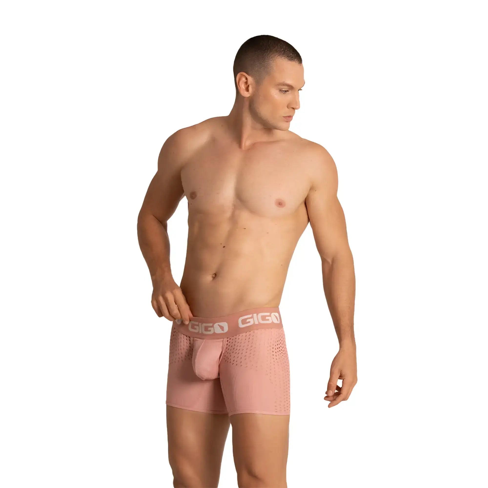 Pink gigo brand menâ€™s boxer briefs with nude mesh texture and elastic waistband in gigo hibrid nude trunk design
