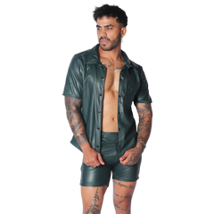 Dark forest green short-sleeve button-up shirt in a smooth faux leather finish with a classic collar.