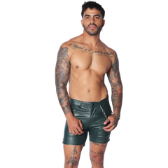 Men's dark green faux leather fitted shorts with a zipper closure and a silver chain accessory at the waist.