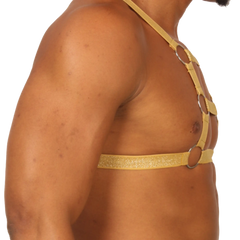 Gold glittery leather harness with silver metal rings for adjustable stylish fit in gigo hit gold harness design