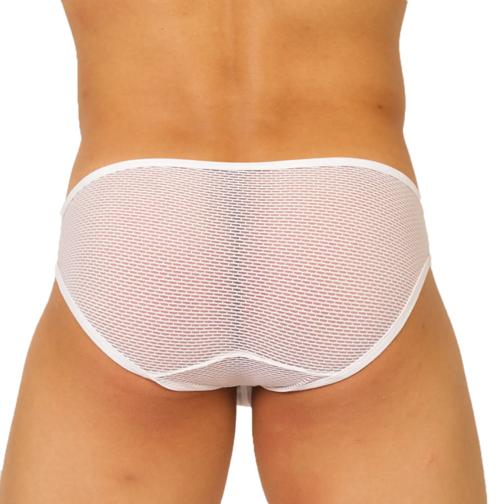 White briefs by Gigo Hit featuring a subtle repeating text pattern across soft white fabric for everyday comfort