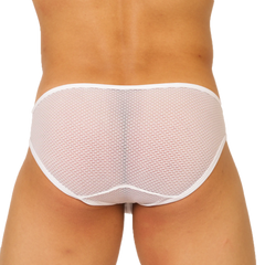 White briefs by Gigo Hit featuring a subtle repeating text pattern across soft white fabric for everyday comfort