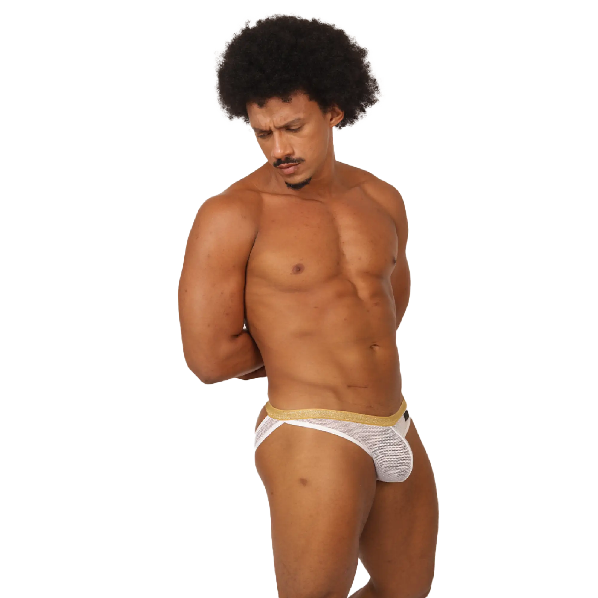 White mesh briefs with a gold waistband from gigo hit white jockstrap featuring breathable fabric and supportive design