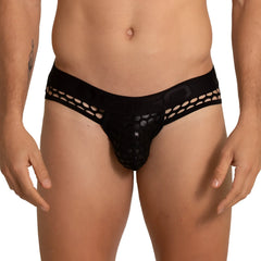 Black mesh briefs with a solid waistband featuring an embossed logo from gigo hole black brief jock collection