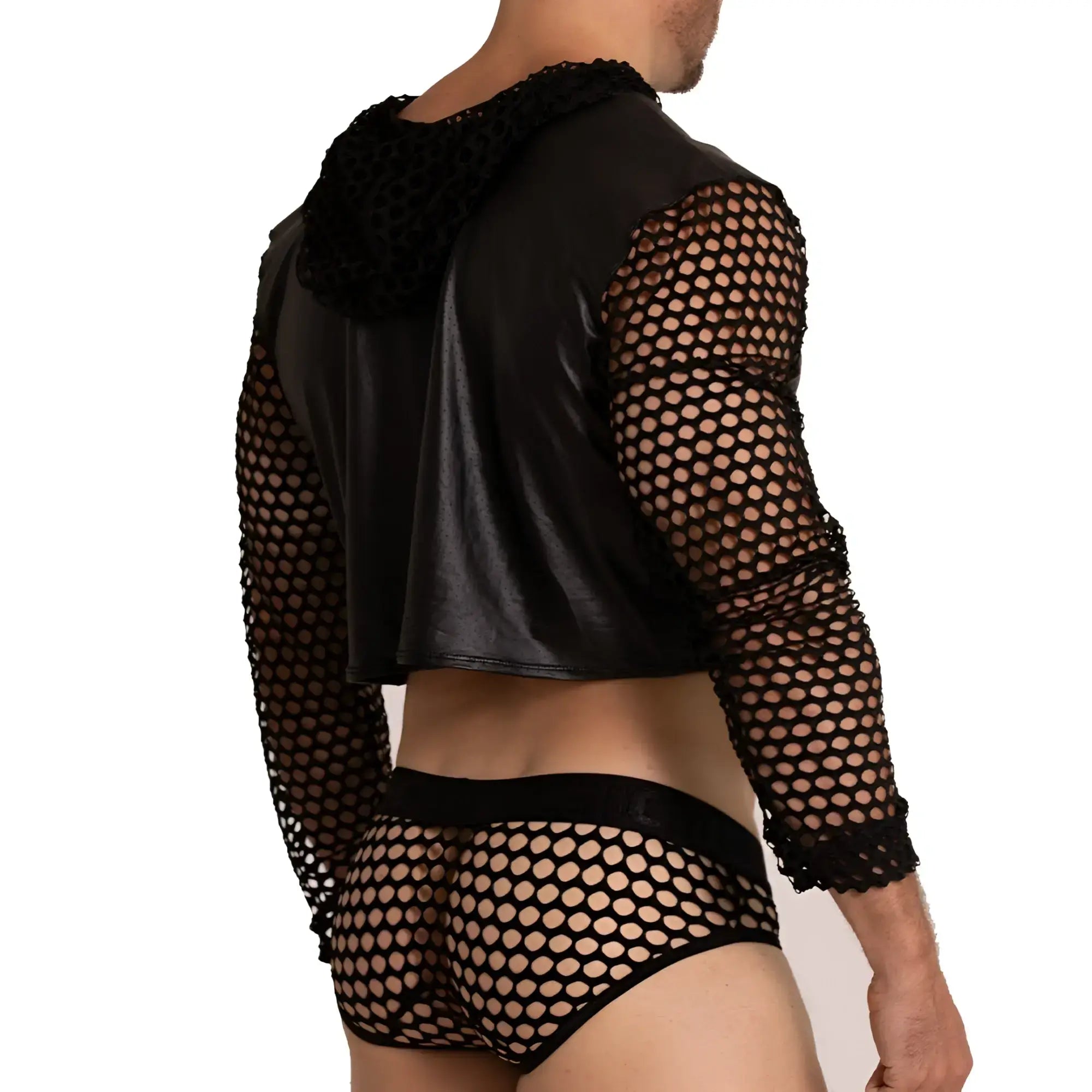Black mesh hooded crop top with faux leather panels and lace trim in gigo hole black hoody tshirt product image