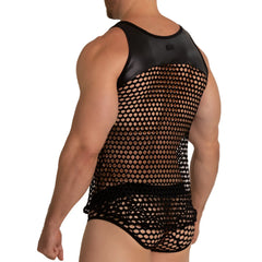 Back side of gigo hole black tank showing black mesh fabric with glossy faux leather panel on shoulders and upper back