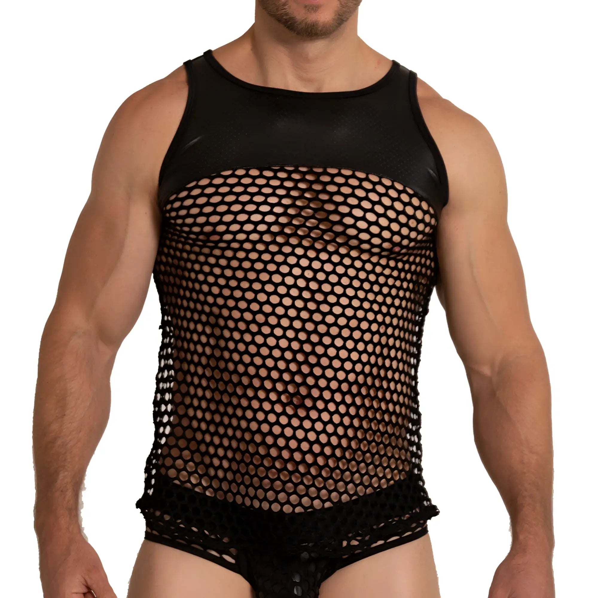 Black mesh tank top gigo hole black tank with solid black fabric neckline and hem for stylish breathable wear