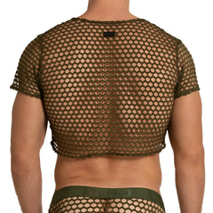 Olive green mesh crop top with short sleeves and hexagonal pattern in gigo hole green croop top design