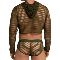 Olive green mesh hooded crop top and matching briefs set from gigo hole green hoody tshirt collection