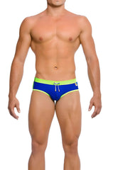 Bright blue gigo hot blue green brief swimwear with neon green waistband white drawstrings size medium