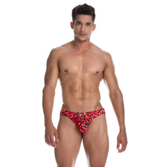 Red and black patterned Gigo Ice Red swim brief with bold graphic design for menâ€™s swimwear use