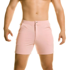 Gigo infaltable pink short form-fitting athletic shorts with subtle button closure at the waist