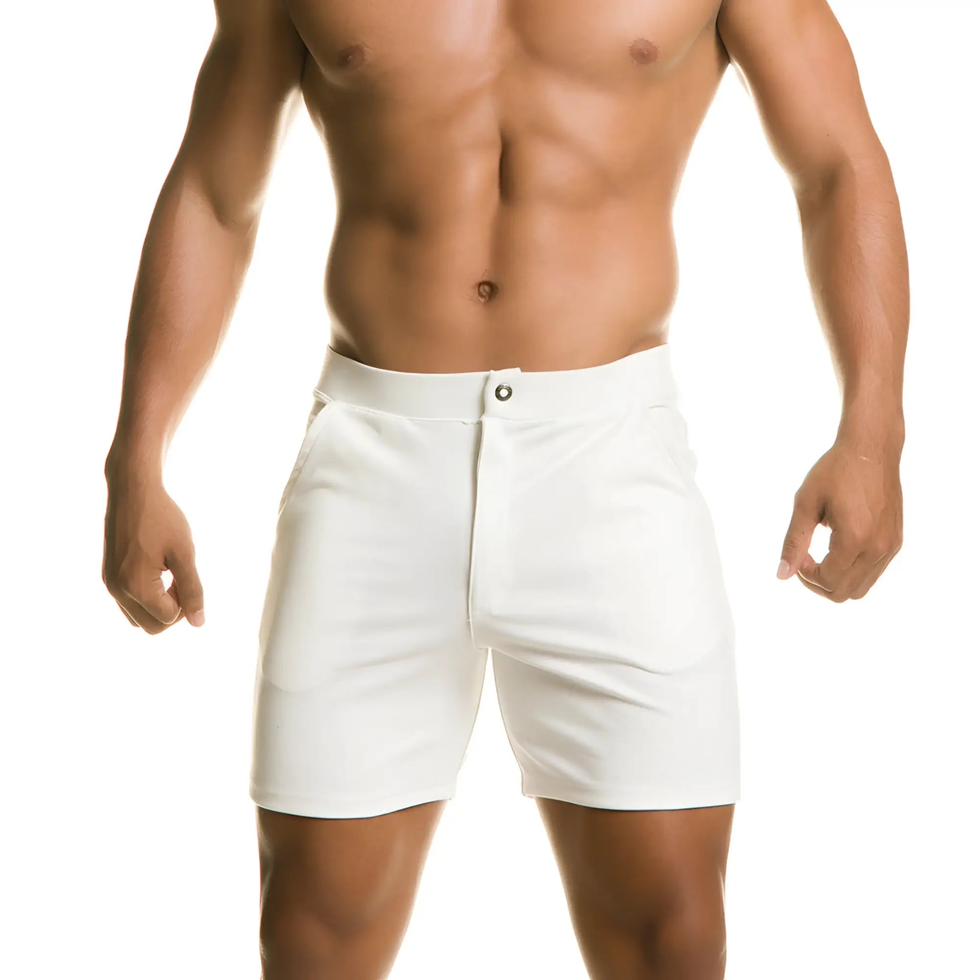 Gigo Infaltable white menâ€™s shorts with a clean tailored fit and single button closure at the waistband