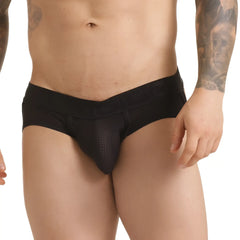 Black mesh briefs with solid waistband from gigo insuperable black brief jockstrap showing front view
