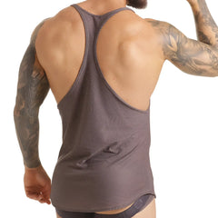 A dark gray breathable mesh gigo insuperable tank top with racerback design shown from the back side