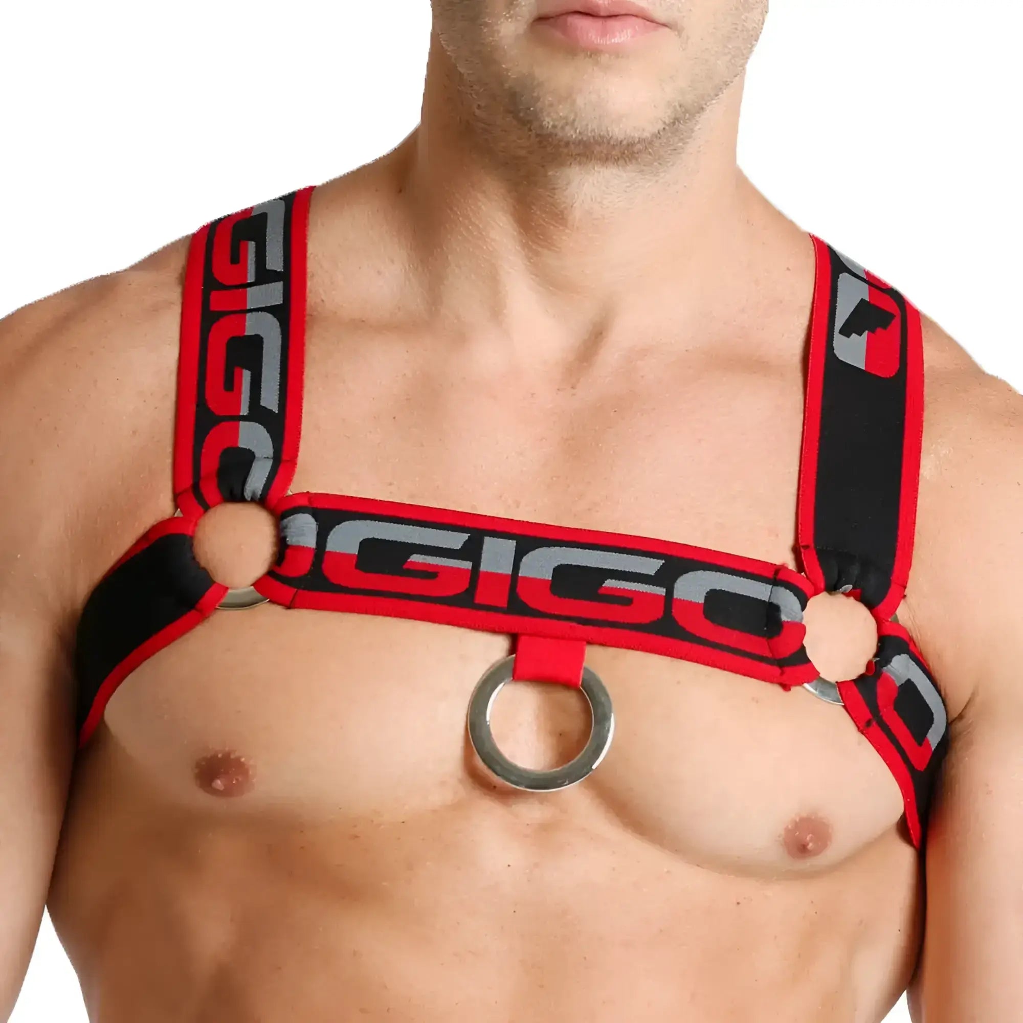 Red and black gigo karma black harness with metallic ring centerpiece designed for secure and stylish wear