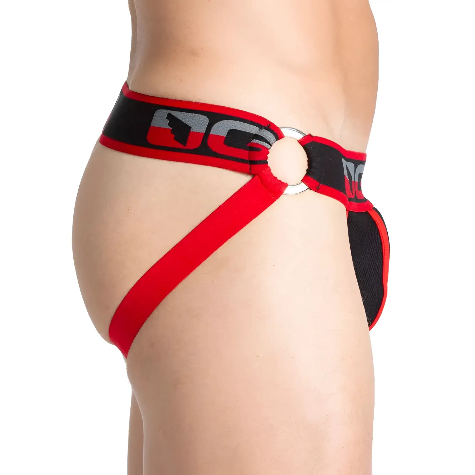 Red and black gigo karma black jock athletic briefs with silver metal ring at the front for support and style
