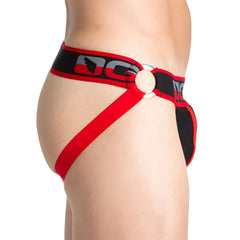 Red and black gigo karma black jock athletic briefs with silver metal ring at the front for support and style