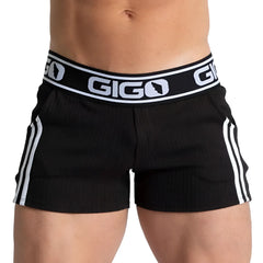 Gigo Khanal black athletic shorts with white side stripes and branded waistband for active wear
