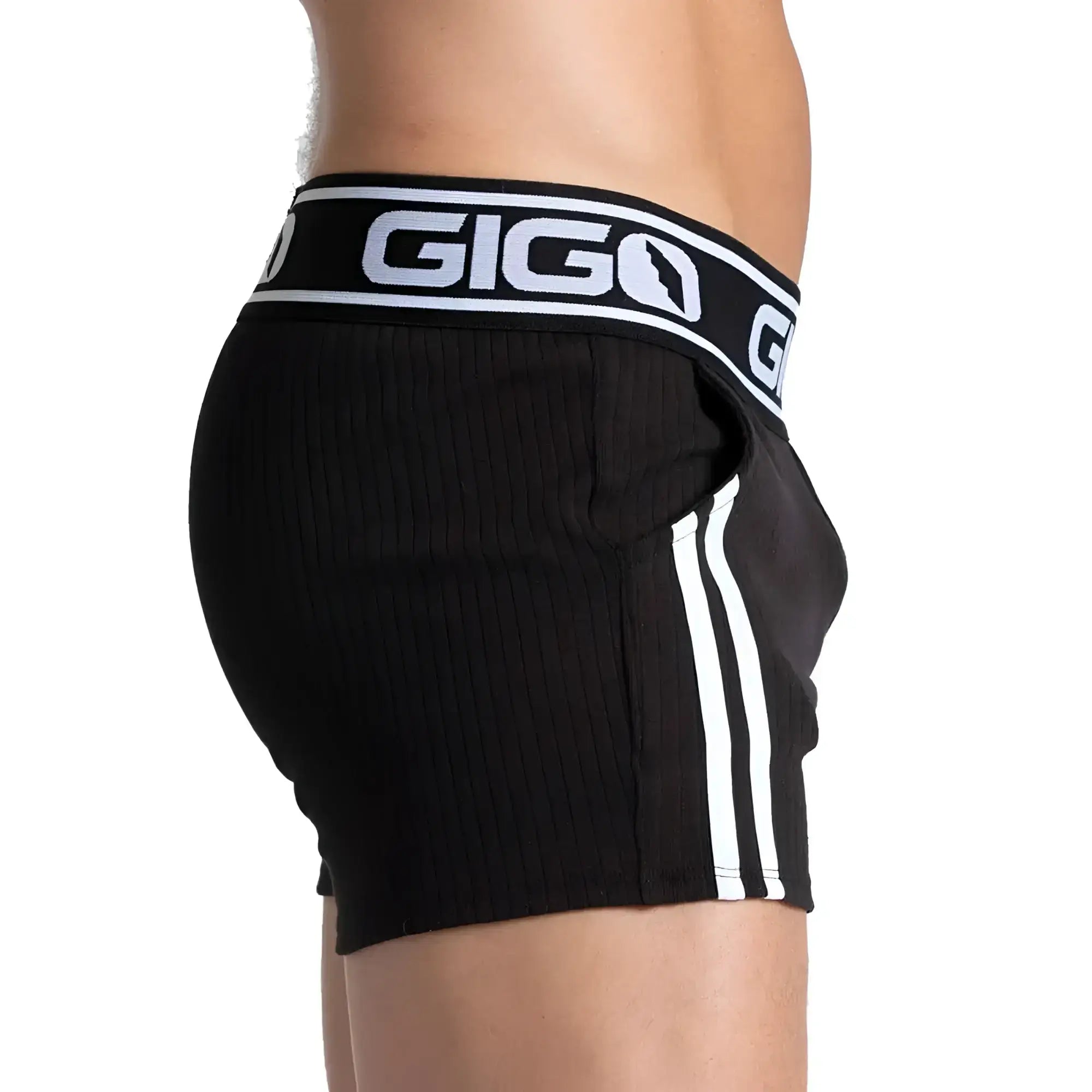 Gigo Khanal black short menâ€™s briefs with white vertical stripes and ribbed texture perfect for everyday wear