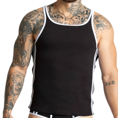 Gigo Khanal black ribbed tank top with white trim along neckline and side seams for casual wear