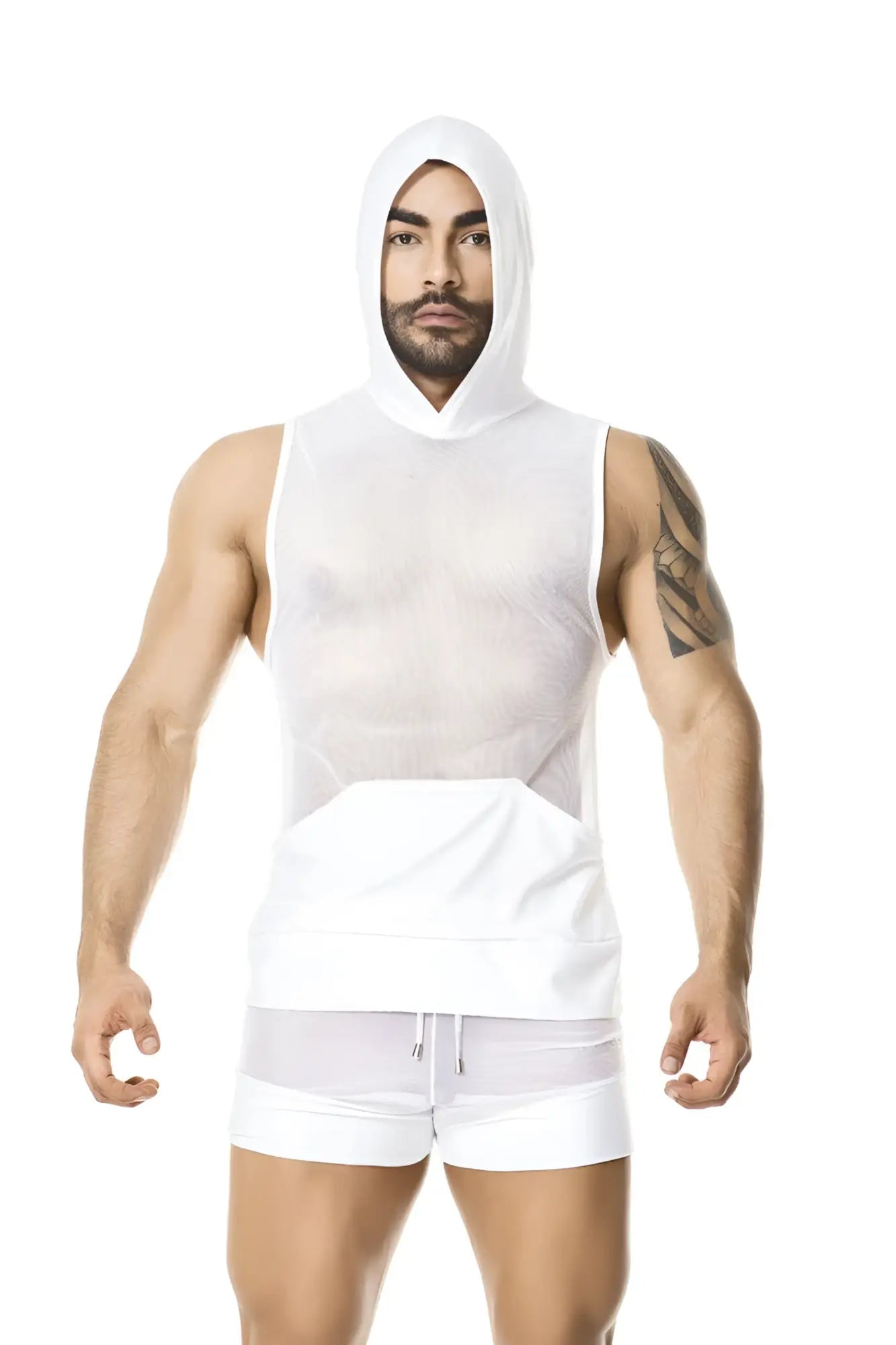 White mesh hooded tank top with a solid white panel at the waist from gigo light white hoody muscle top tshirt size m