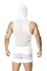 White mesh hooded tank top with solid white waistband gigo light white hoody muscle top t shirt size m front view