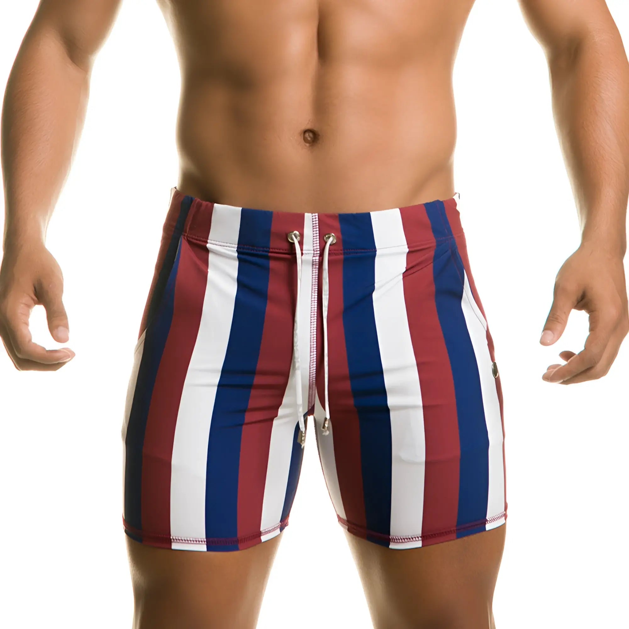 Menâ€™s Gigo Line Beachwear swim trunks with red white and blue vertical stripes and a drawstring waistband