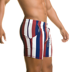 Menâ€™s gigo line beachwear swim trunks with red white and blue vertical stripes and a drawstring waistband
