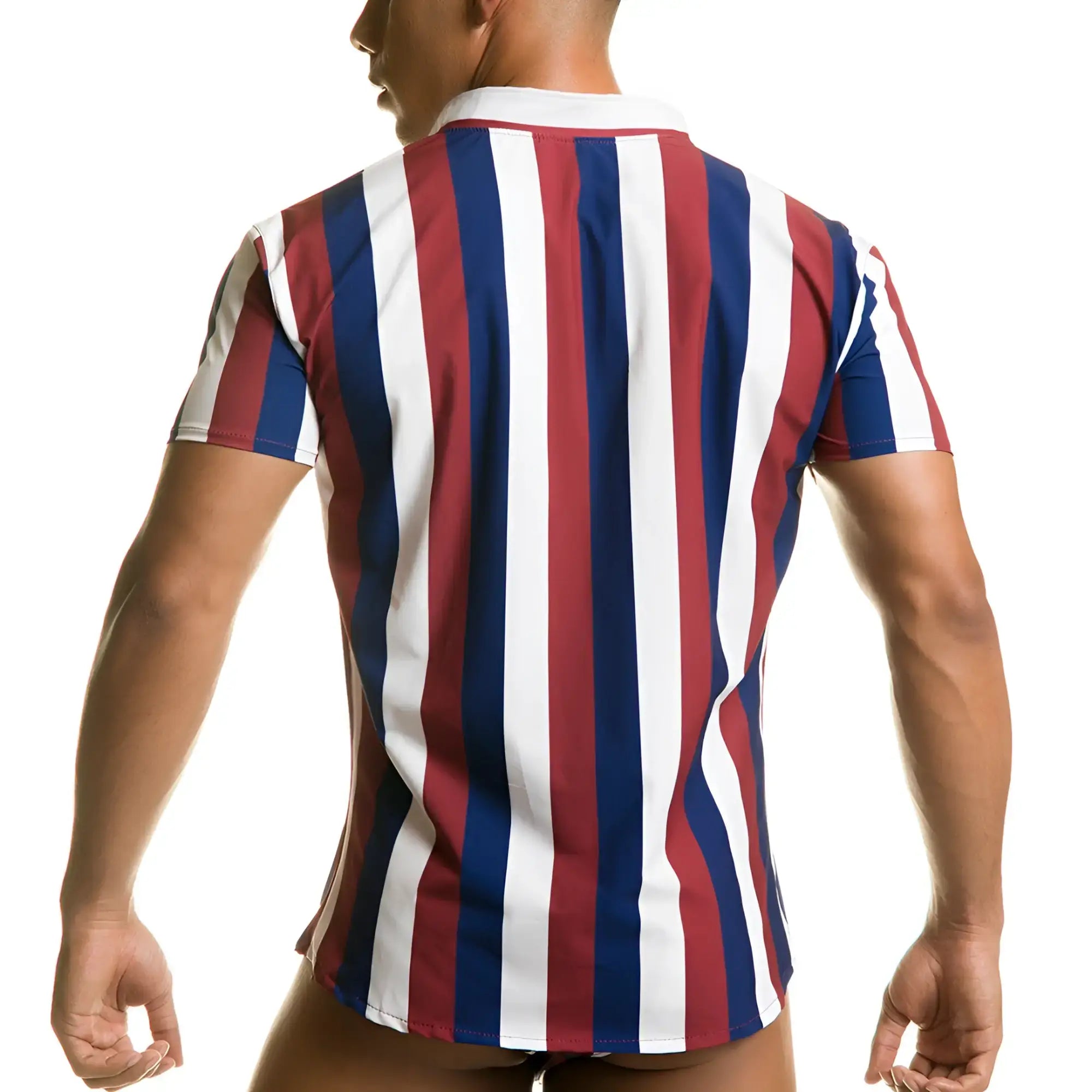 A menâ€™s short-sleeved Gigo Line Shirt with bold vertical red white and navy blue stripes perfect for casual wear