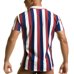 A menâ€™s short-sleeved Gigo Line Shirt with bold vertical red white and navy blue stripes perfect for casual wear
