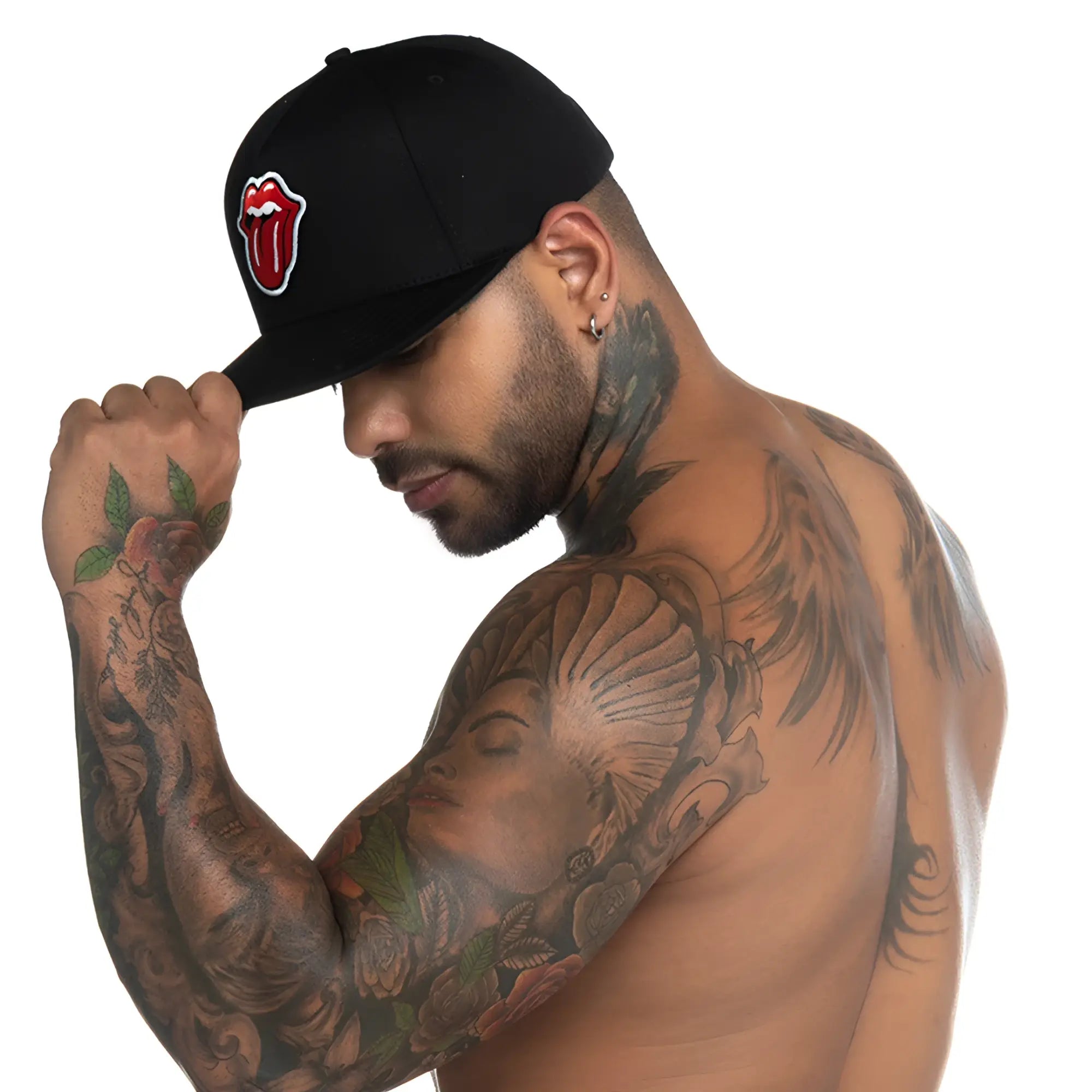 Black baseball cap with red and white embroidered rolling stones logo from gigo lips black caps collection
