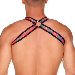 Back view of gigo macaws red harness featuring a red floral-patterned fabric with black trim worn across the back