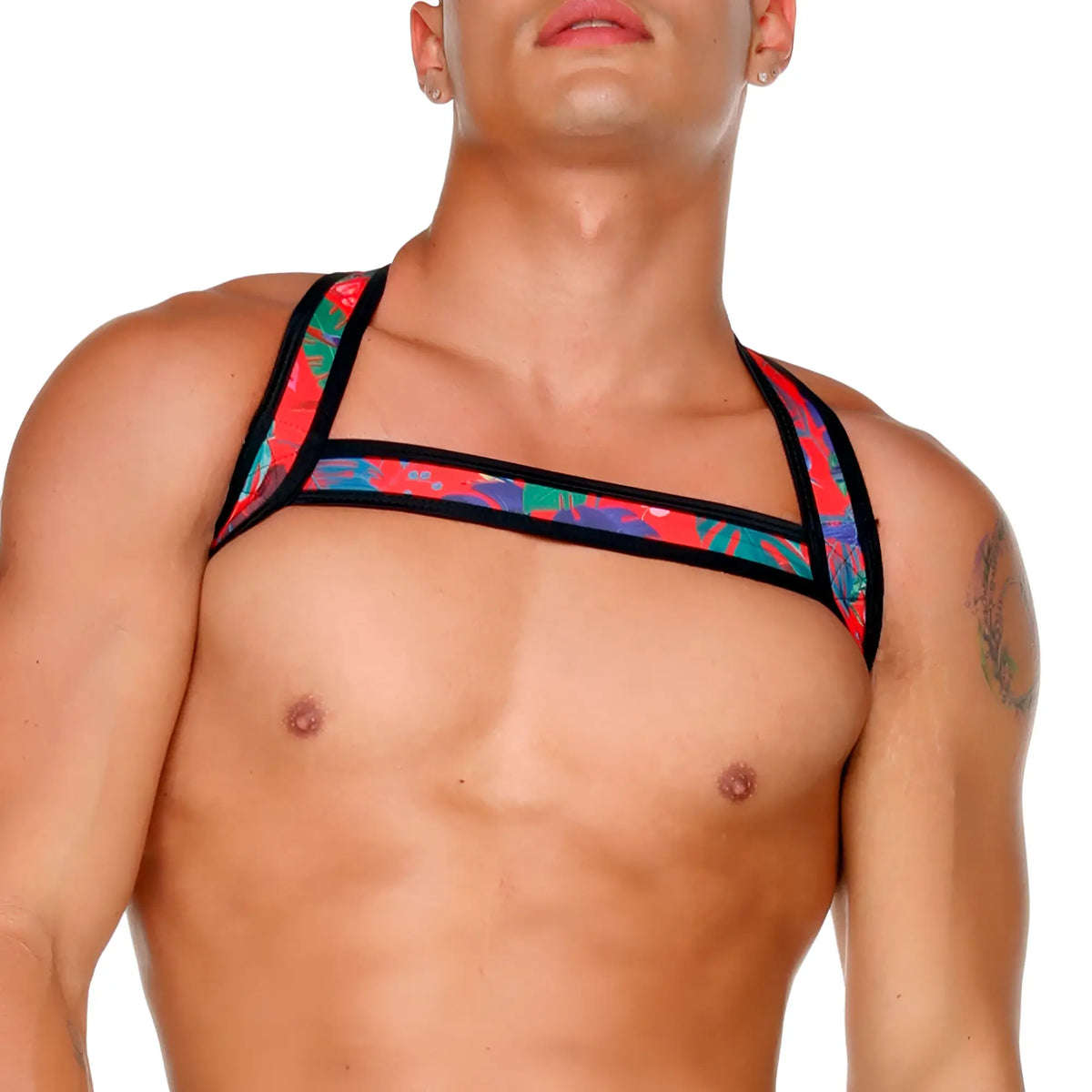 Gigo Macaws red harness featuring a vibrant tropical print with bold red green and blue patterns and black trim