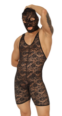 Black lace wrestling singlet with floral pattern and matching mask from gigo magnetic balaclava collection