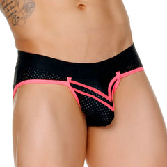 Black mesh gigo medieval candy brief with vibrant pink trim and bold angular design for stylish comfort