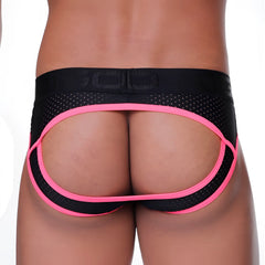 Black and neon pink mesh gigo medieval candy brief jockstrap showing bold open-back design