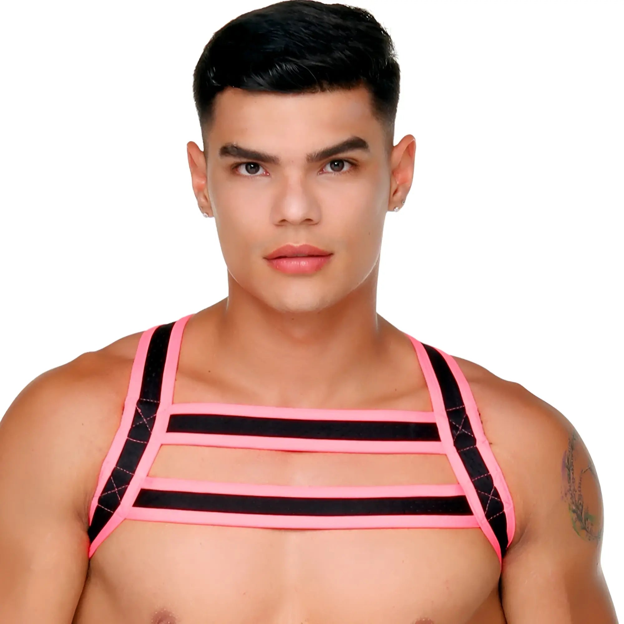 Pink and black striped harness top with diamond-patterned trim from gigo medieval candy harness collection
