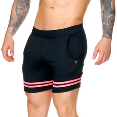 Black gigo medieval candy short athletic shorts with bright pink stripes at hem and circular logo on side pocket