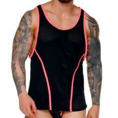 Black mesh gigo medieval candy tank top with vibrant pink trim and functional side zippers visible on front side