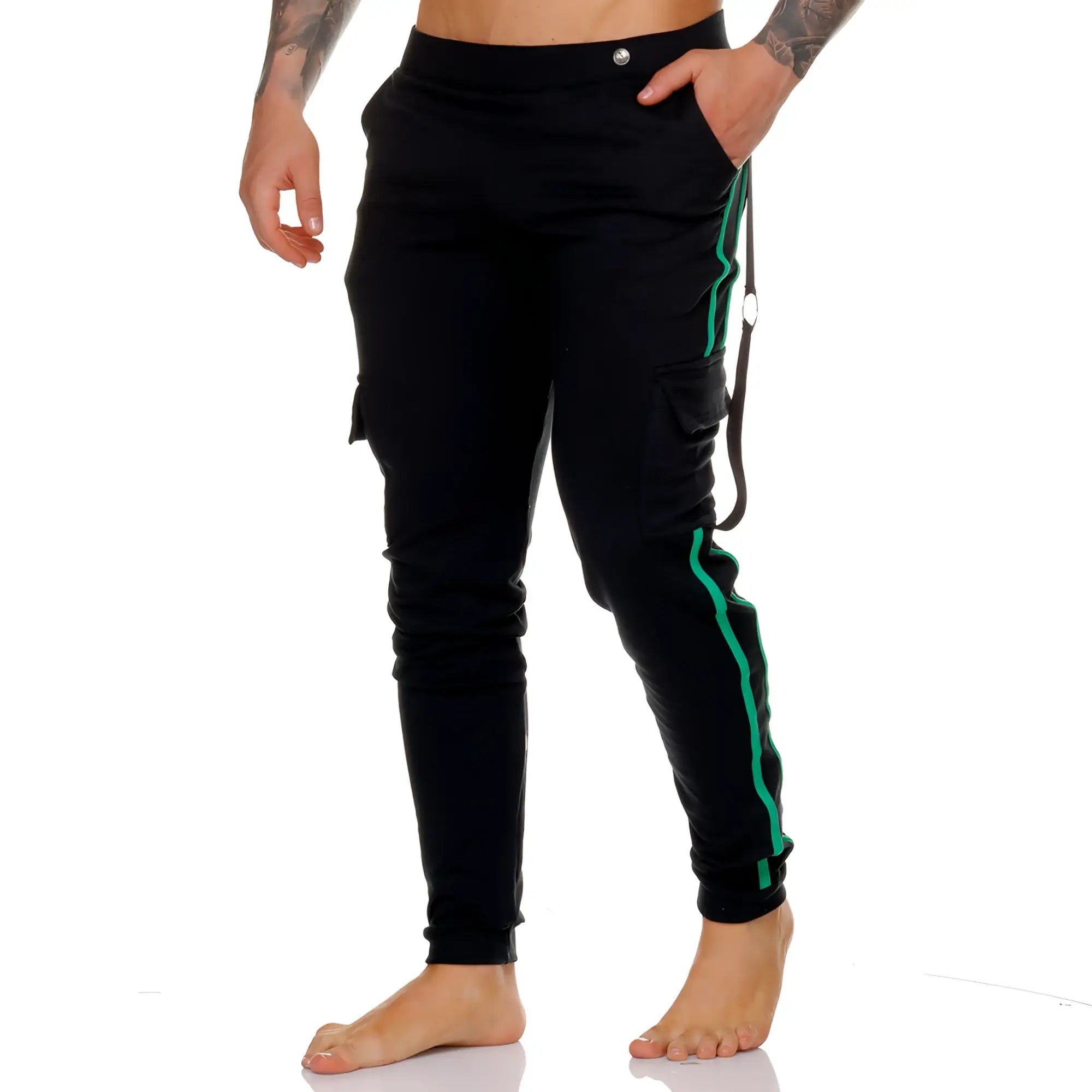 Black gigo medieval green sportpants with vibrant green side stripes and sleek tapered fit for active wear
