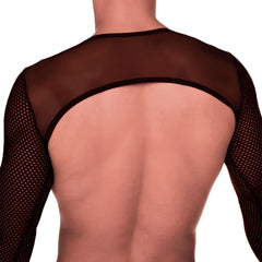 Black mesh long-sleeved top with sheer dotted texture and black neckline trim from Gigo Mediterranean Harness collection