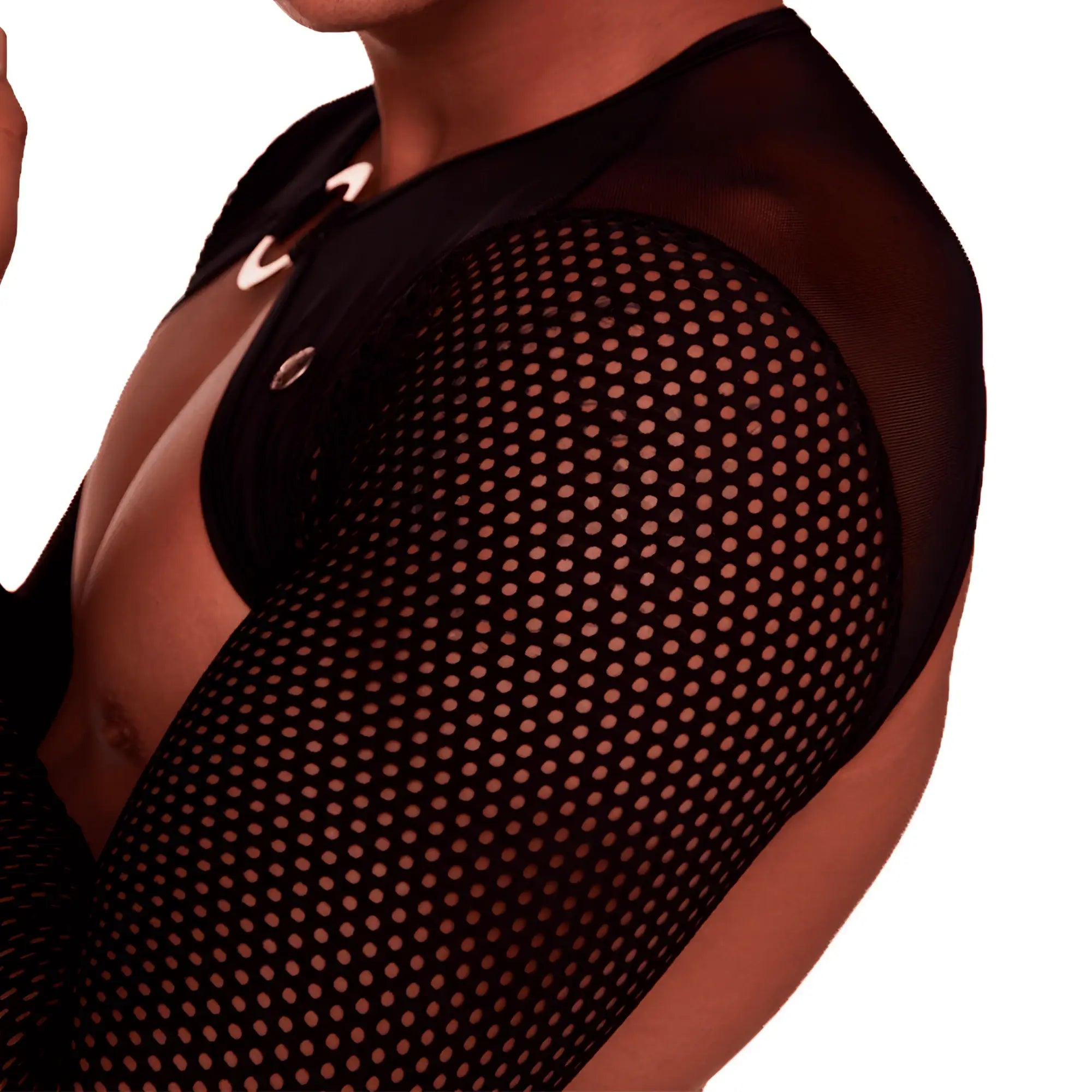 Black mesh shoulder cover with sheer perforated design and adjustable straps from gigo mediterranean harness shown from back