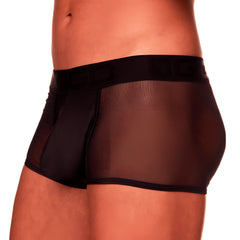 Black mesh briefs with a solid black waistband and embossed logo from the Gigo Mediterranean trunk collection