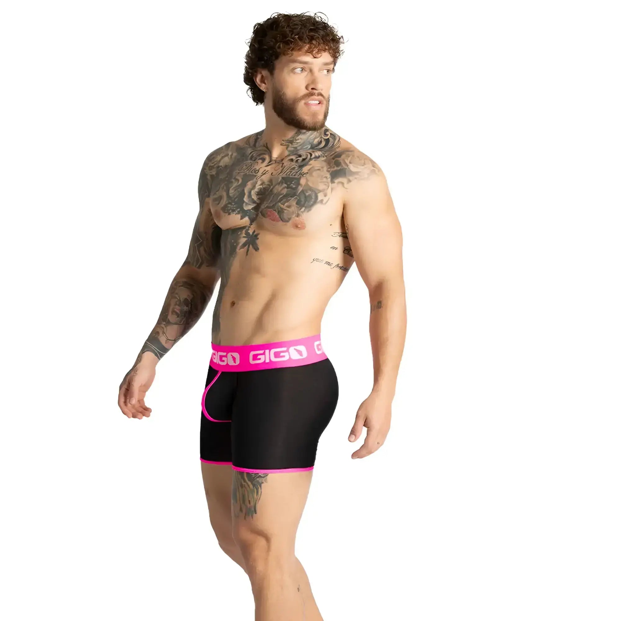 Black gigo menâ€™s boxer briefs with vibrant fuchsia pink trim and waistband for comfortable everyday wear