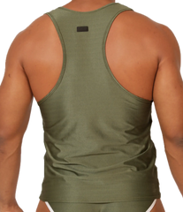 Olive green ribbed racerback tank top gigo mix green tank with small black brand tag on the back